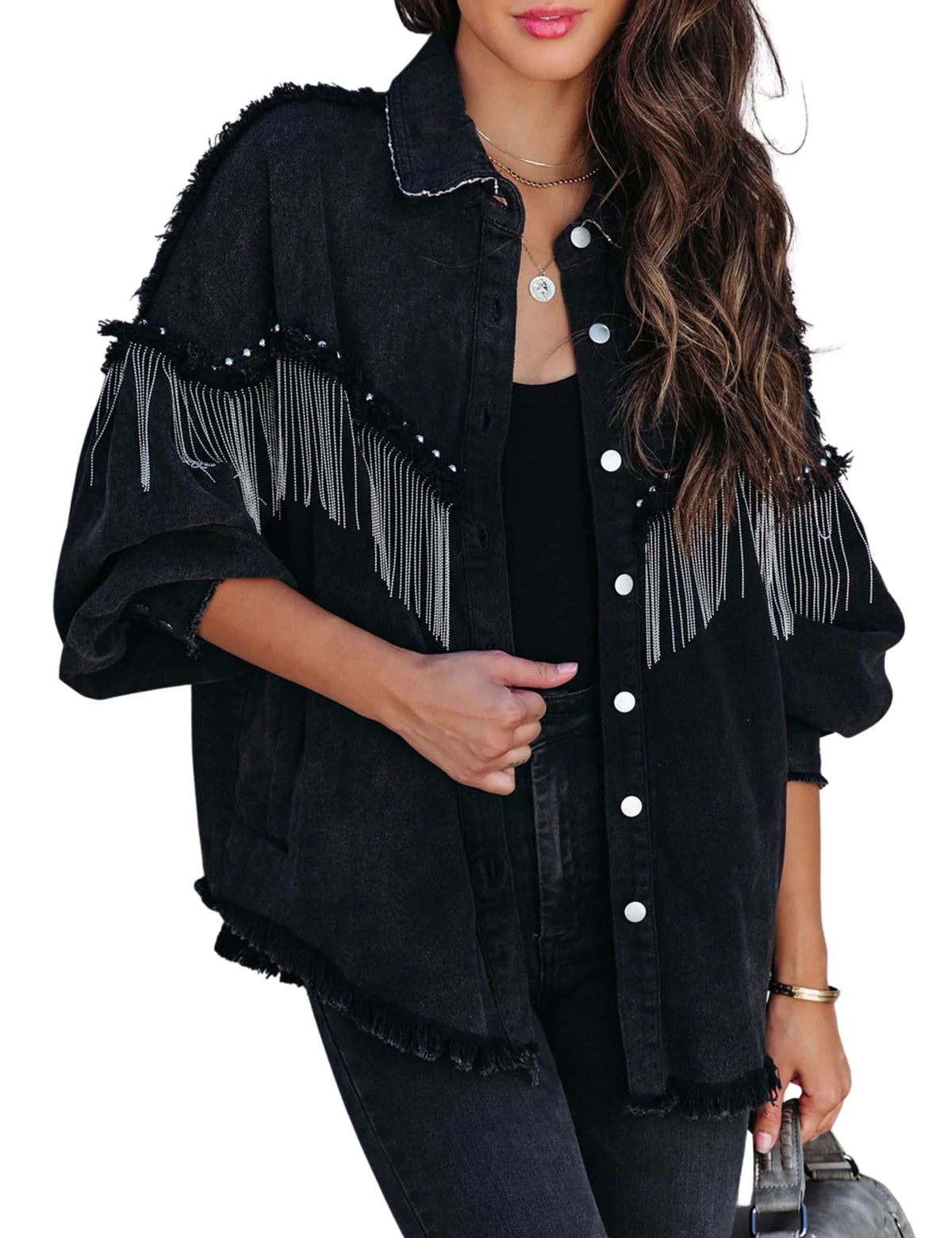 Black Fringe Denim Cowgirl Jacket — Large