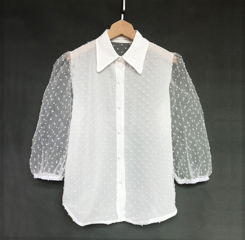 Embroidered Mesh Puff-Sleeve Blouse